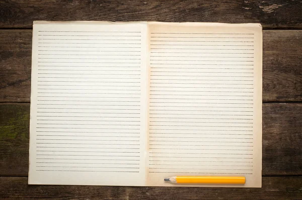 Blank Note Book page With Wood Pencil on Table Desk Background, Rustic Style, Concept and Idea for Write Your Text . — Stock Photo, Image