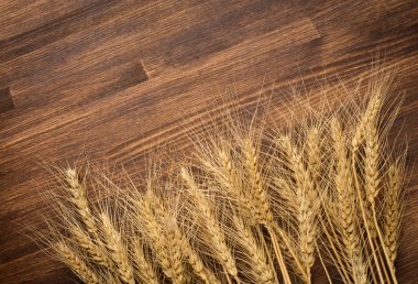 Wheat on wooden background. top view clipart