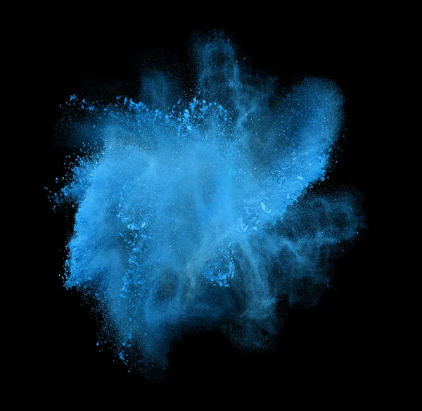 Freeze motion of blue powder exploding, isolated on black. Abstract design of white dust cloud. Particles explosion screen saver, wallpaper with copy space. Planet creation concept — Stock Photo, Image