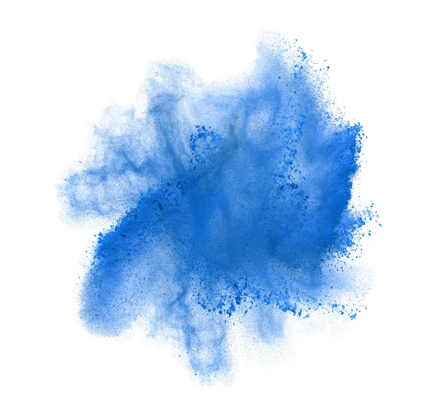 흰색 절연 블루 가루 폭발의 모션에 고정 합니다. 하얀 먼지 구름의 추상적인 디자인입니다. 입자 폭발 화면 보호기, 복사 공간 벽지. 행성 생성 개념 — 스톡 사진