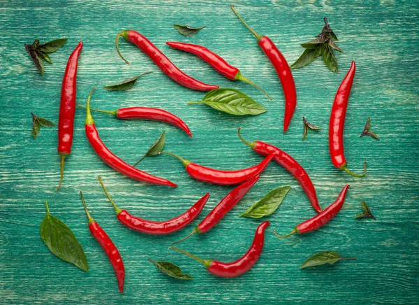 Rode hot chili peppers met kruiden en specerijen op houten achtergrond - koken of kruidig voedsel concept — Stockfoto