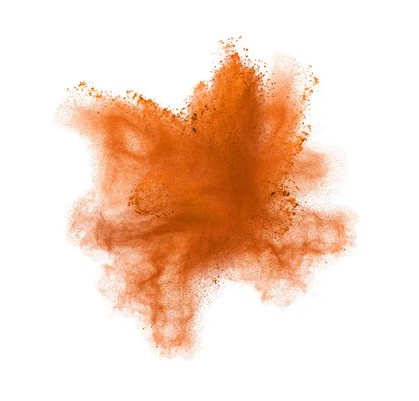 Einfrieren von Bewegung der Orange Pulver-Explosion, isoliert auf weiss. Abstrakte Gestaltung — Stockfoto