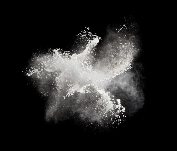 블랙에 고립 된 백색 분말 폭발의 모션에 고정 합니다. 하얀 먼지 구름의 추상적인 디자인입니다. 입자 폭발 화면 보호기, 복사 공간 벽지. 행성 생성 개념 — 스톡 사진