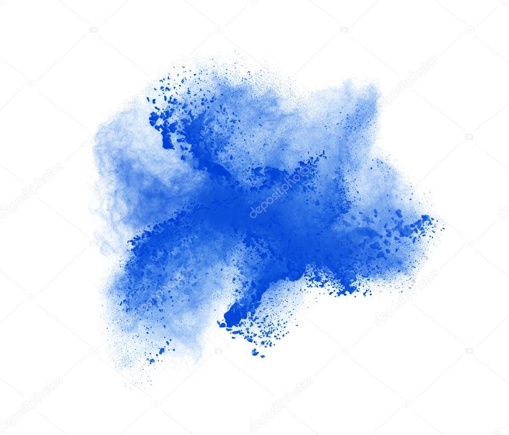 Freeze motion of blue powder exploding, isolated on white. Abstract design