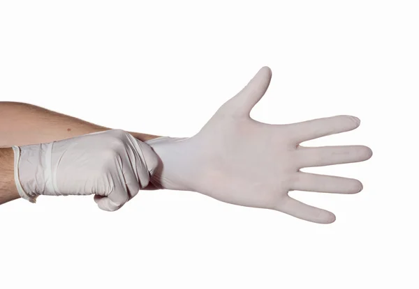 Doctor dress gloves on hands to protection and care for patients. — Stock Photo, Image