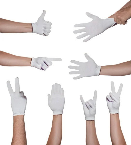 Hände in Handschuhe machen Symbole isoliert auf weißem Hintergrund — Stockfoto