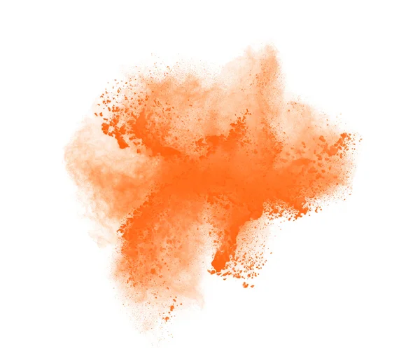 Einfrieren von Bewegung der Orange Pulver-Explosion, isoliert auf weiss. Abstrakte Gestaltung — Stockfoto