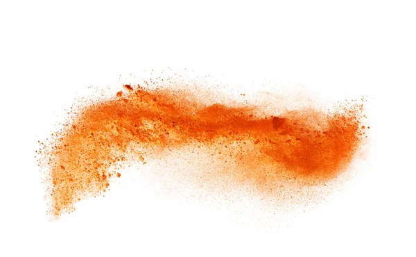 Congelar movimiento de explosión de polvo naranja aislada sobre blanco centrico —  Fotos de Stock