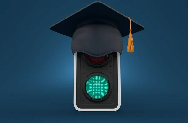 Green Traffic Light Mortarboard Blue Background Illustration — Stock Photo, Image