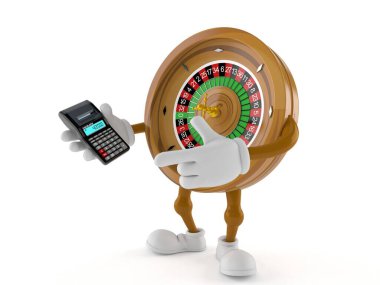 Rulet karakterinin hesap makinesi beyaz arkaplanda izole edilmiş. 3d illüstrasyon