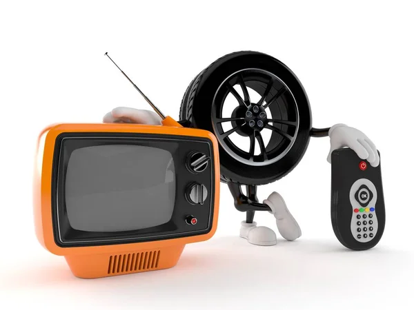 テレビセットとリモート白の背景に隔離された車のホイール文字 3Dイラスト — ストック写真