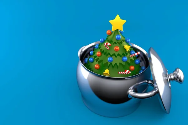 Χριστουγεννιάτικο Δέντρο Μέσα Στην Κατσαρόλα Κουζίνα Απομονωμένο Μπλε Φόντο Εικονογράφηση — Φωτογραφία Αρχείου
