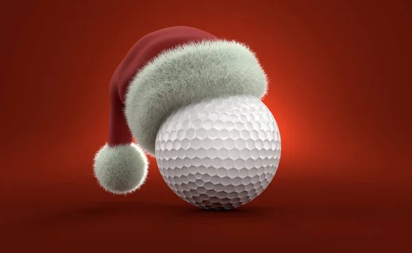 Golfball Mit Weihnachtsmütze Auf Rotem Hintergrund Illustration — Stockfoto