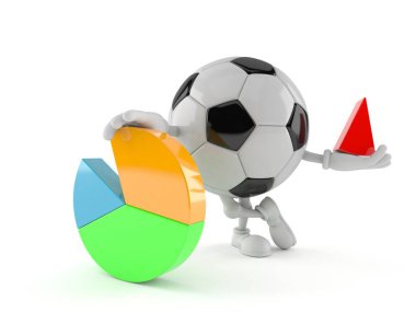 Beyaz arka planda izole edilmiş turta grafiği olan futbol topu karakteri. 3d illüstrasyon