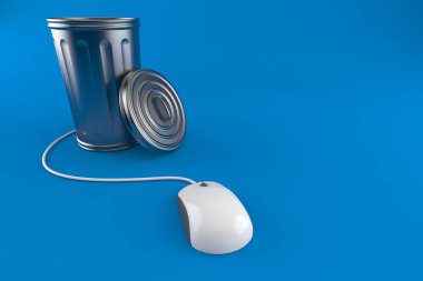 Mavi arkaplanda bilgisayar faresi olan çöp kutusu. 3d illüstrasyon