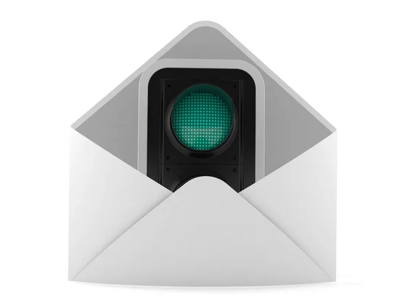 白い背景に隔離された封筒の中の緑の信号 3Dイラスト — ストック写真