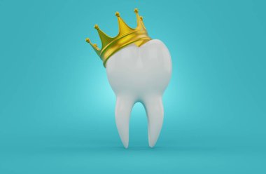Mavi arka planda taçlı diş. 3d illüstrasyon
