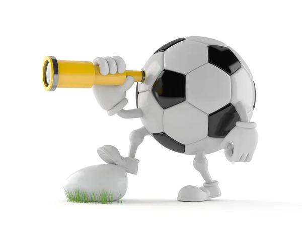 Personagem Bola Futebol Olhando Através Telescópio Isolado Fundo Branco Ilustração — Fotografia de Stock