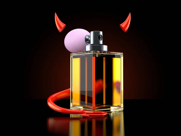 Frasco Perfume Com Chifres Diabo Cauda Fundo Preto Ilustração — Fotografia de Stock