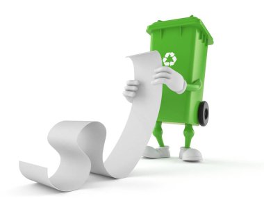 Çöp kutusu karakteri beyaz arkaplanda izole edilmiş uzun bir liste okuyor. 3d illüstrasyon