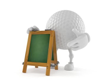 Tebeşir tabelalı golf topu karakteri beyaz arka planda izole edilmiş. 3d illüstrasyon