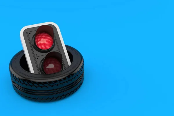 车胎内的红色红绿灯在蓝色背景下隔离 3D说明 — 图库照片
