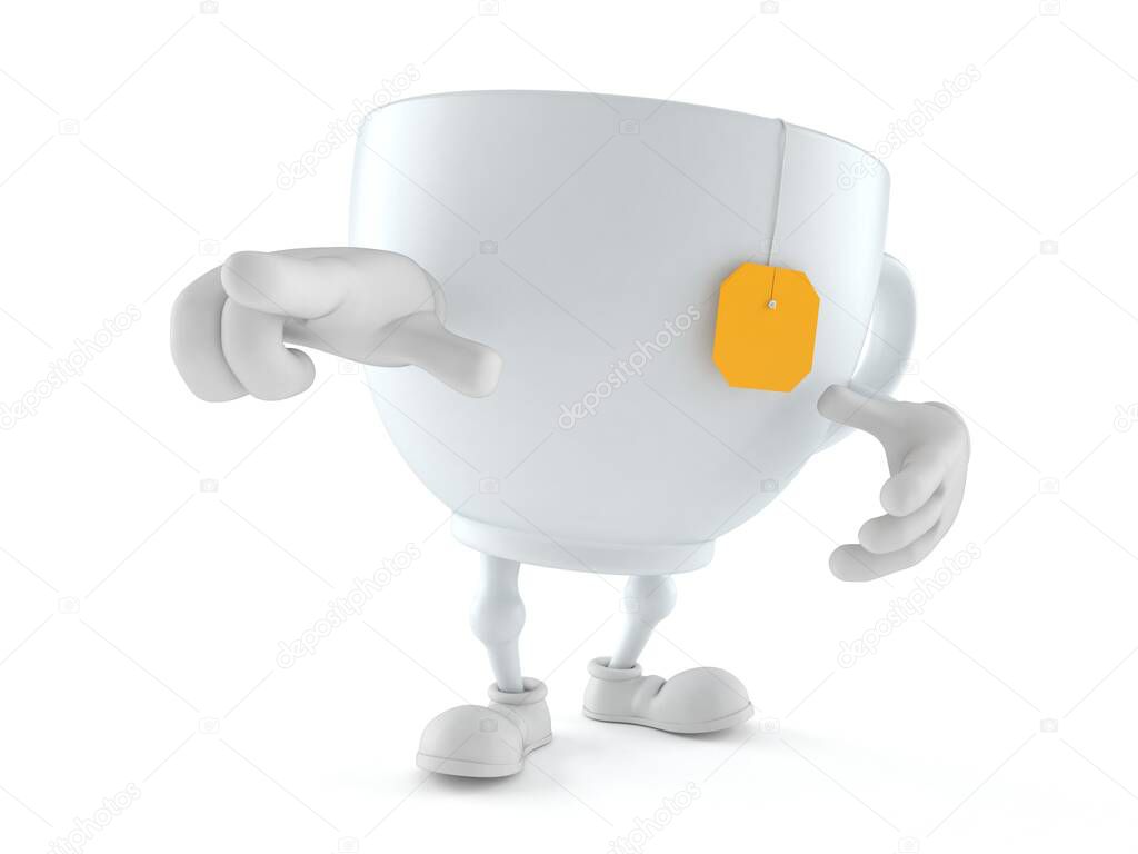 Tea cup character pointing finger isolated on white background. 3d illustration