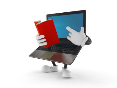 Dizüstü bilgisayar karakteri beyaz arkaplanda izole edilmiş bir kitap okuyor. 3d illüstrasyon