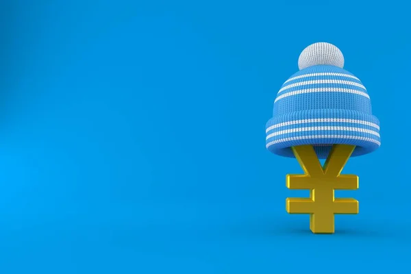 青い背景に冬の帽子で円の通貨 3Dイラスト — ストック写真