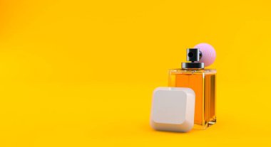 Turuncu arka planda izole edilmiş boş klavye tuşlu parfüm şişesi. 3d illüstrasyon