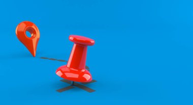 Mavi arkaplanda izole edilmiş konum işaretleyicili raptiye. 3d illüstrasyon