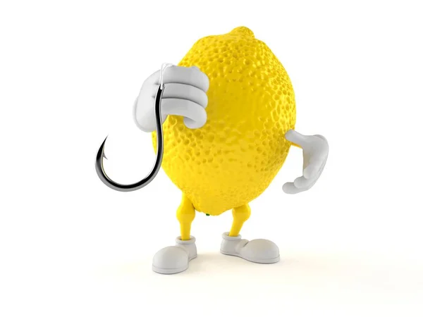 Lemon Character Holding Fishing Hook Isolated White Background Illustration — Stock Photo, Image