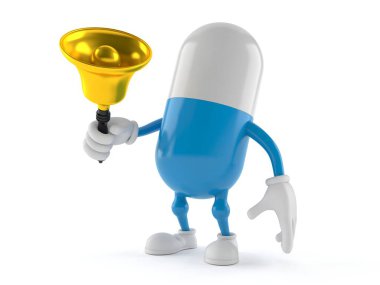 Hap karakteri beyaz arka planda izole edilmiş bir el zili çalıyor. 3d illüstrasyon