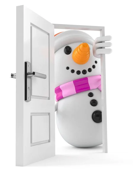 Snowman Postać Stojąca Blisko Otwartych Drzwi Izolowanych Białym Tle Ilustracja — Zdjęcie stockowe