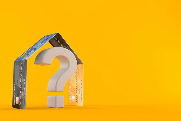 Question mark inside house of credit cards isolated on orange background. 3d illustration