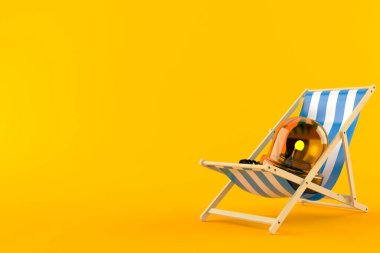 Güverte sandalyesinde turuncu arka planda acil durum sireni var. 3d illüstrasyon