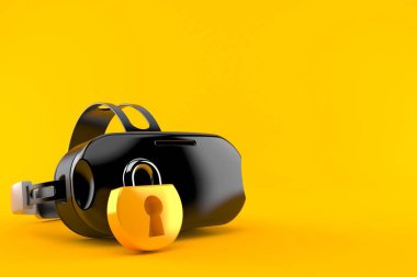 Turuncu arka planda asma kilitli VR kulaklık. 3d illüstrasyon