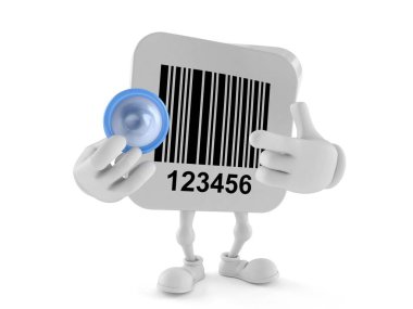 Beyaz arka planda izole edilmiş kondom tutan barkod karakteri. 3d illüstrasyon