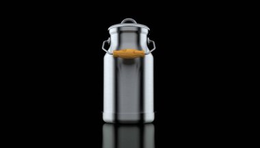 Siyah arka planda süt kutusu. 3d illüstrasyon