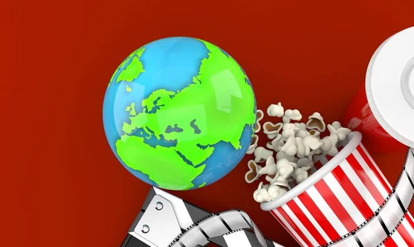 Globo Mondiale Con Popcorn Bobina Film — Foto Stock