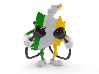 Beyaz arka planda elektrik prizi ve prizi olan İrlandalı karakter izole edildi. 3d illüstrasyon