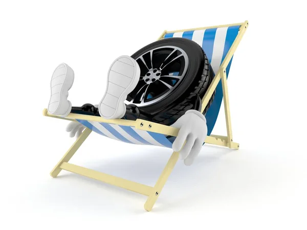 Car Wheel Character Lying Deck Chair Isolated White Background Illustration — Stock Photo, Image