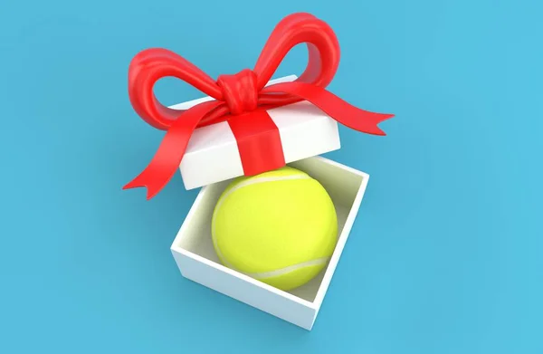 Tennis ball inside gift on blue background. 3d illustration