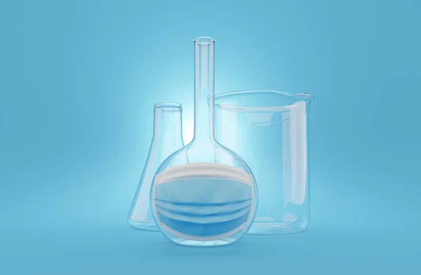 Frascos Química Com Máscara Médica Sobre Fundo Azul Ilustração — Fotografia de Stock