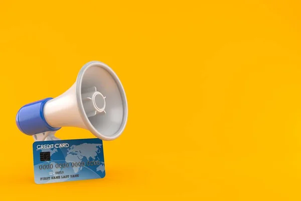 Megafone Com Cartão Crédito Isolado Fundo Laranja Ilustração — Fotografia de Stock