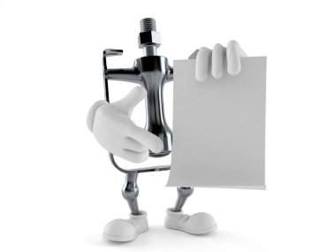 Bisiklet pedalı karakteri beyaz arka planda izole edilmiş boş bir kağıt üzerinde parmak gösteriyor. 3d illüstrasyon