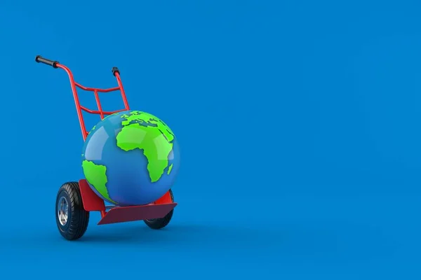 Wereldbol Met Handtruck Geïsoleerd Blauwe Achtergrond Illustratie — Stockfoto