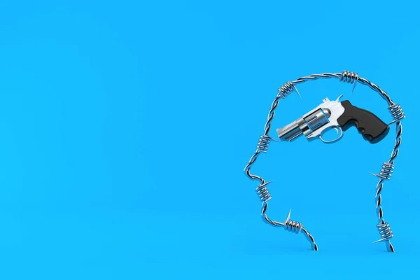 青の背景に隔離された鉄条網の頭の中の銃 3Dイラスト — ストック写真