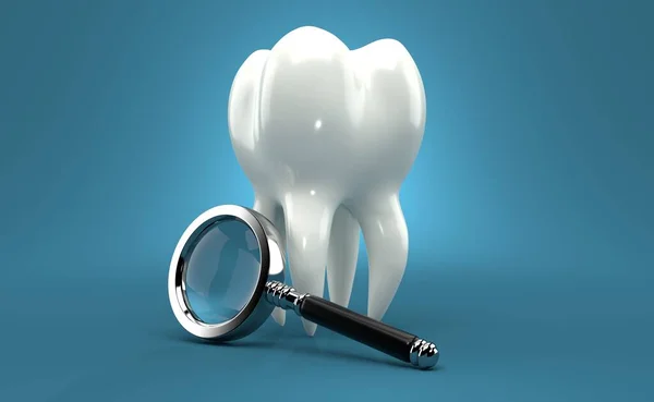Zahn Mit Lupe Auf Blauem Hintergrund Illustration — Stockfoto