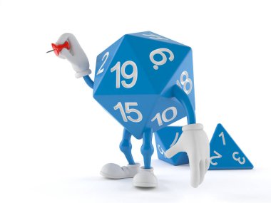 Beyaz arkaplanda raptiye tutan RPG zar karakteri izole edildi. 3d illüstrasyon